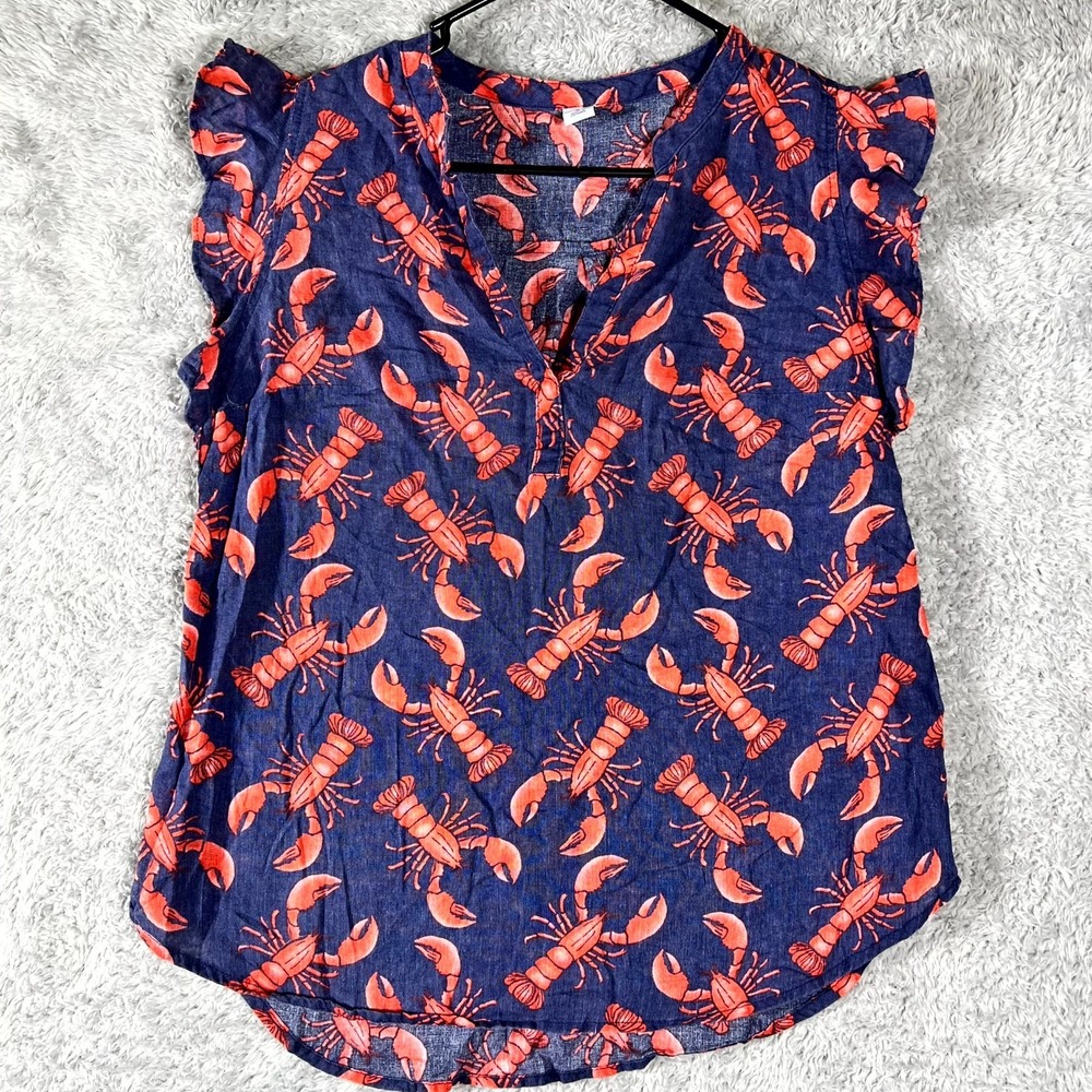Old Navy Blouse Top Women Medium Blue Linen Lobster Print V-Neck Pullover Summer